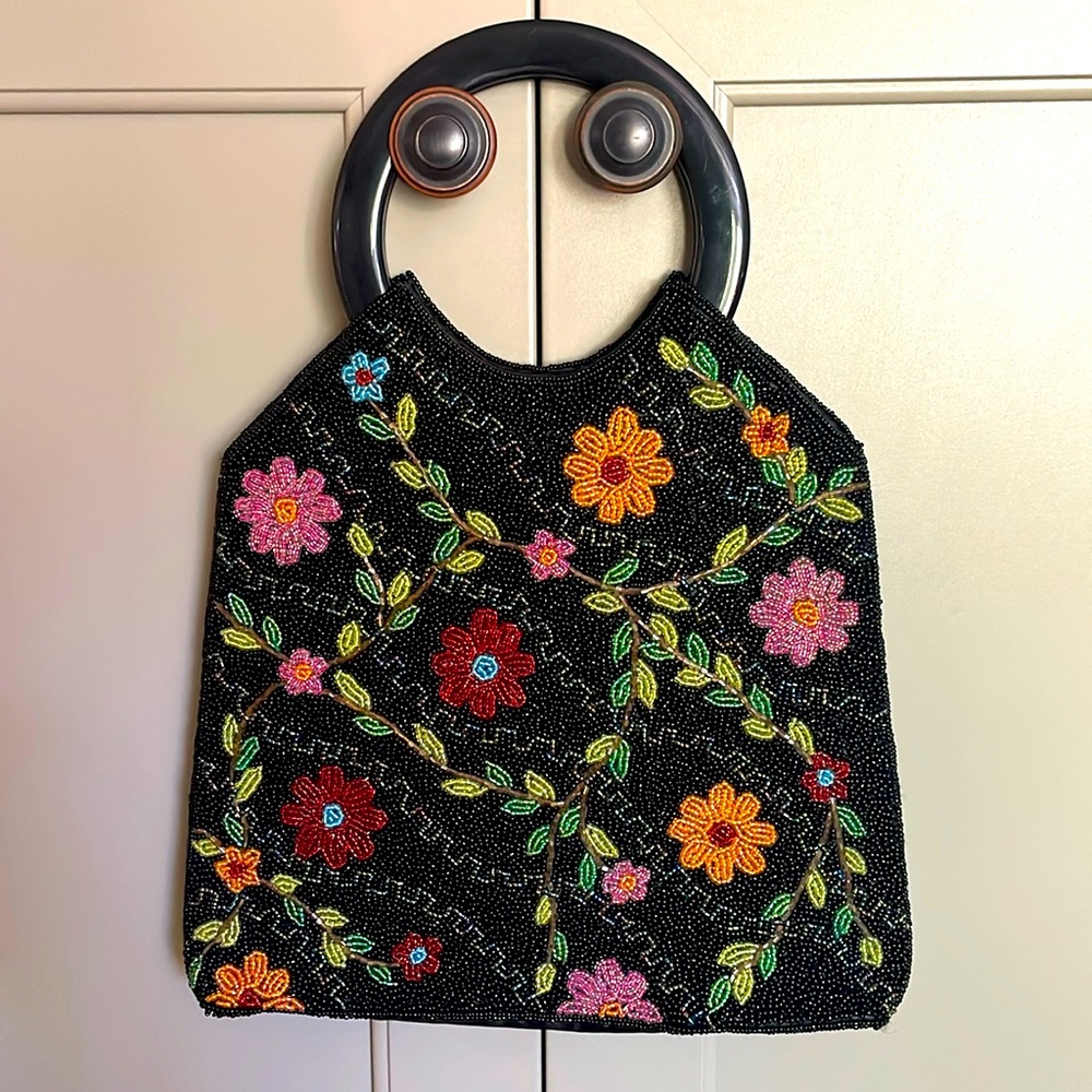 Black Beaded Floral Tote Bag with Round Handles